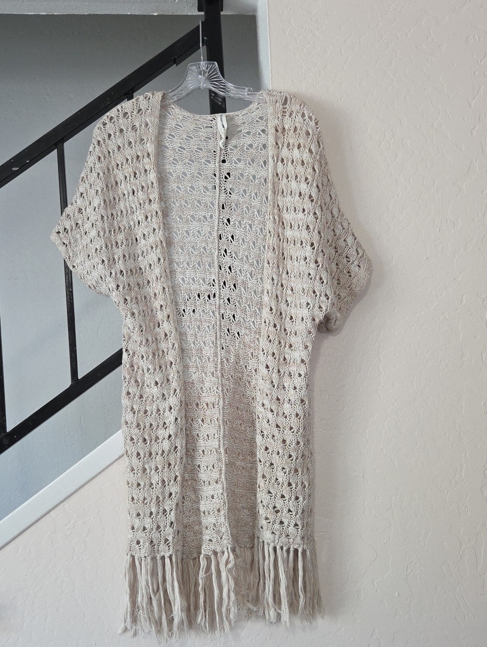 Bethany Mota Open-Knit Fringe Kimono in Light Beige